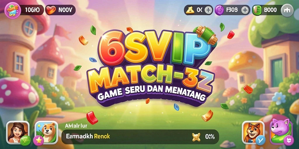 Screenshot menunjukkan gameplay Match-3 yang seru dan penuh warna.