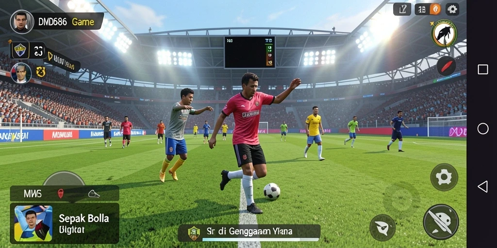 Screenshot gameplay DMD686 menampilkan aksi seru sepak bola.