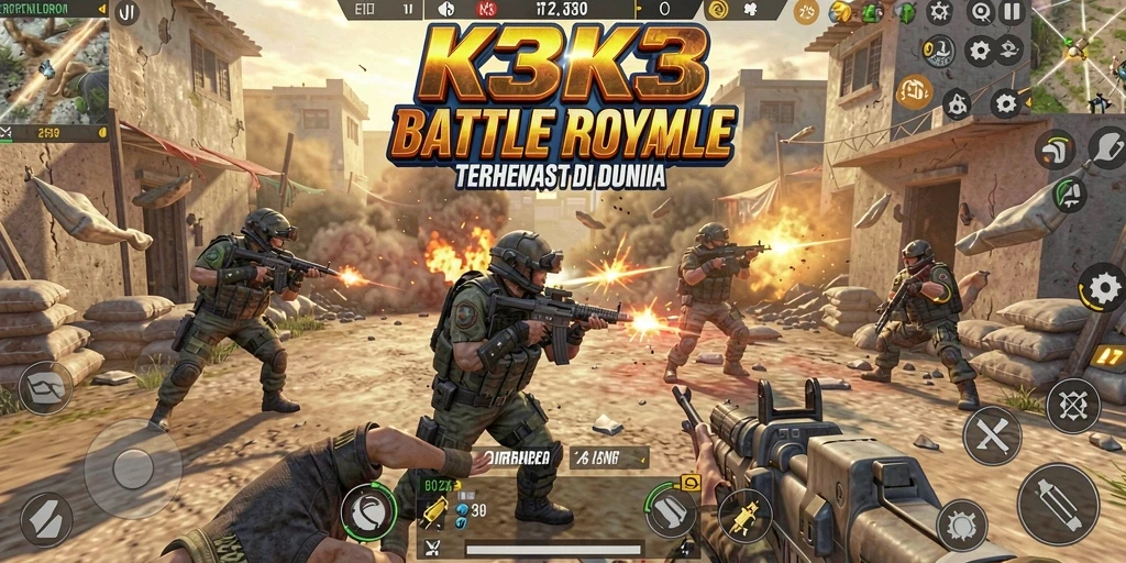 Screenshot gameplay K3K3 menampilkan aksi seru dalam pertempuran Battle Royale.