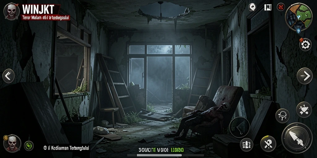 Screenshot gameplay WINJKT menampilkan kegelapan dan ketegangan yang mencekam.
