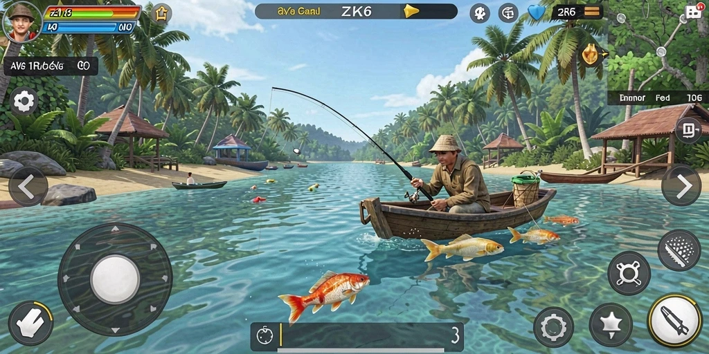 Screenshot ZK6 menampilkan pemain menangkap ikan di lokasi memancing yang indah.